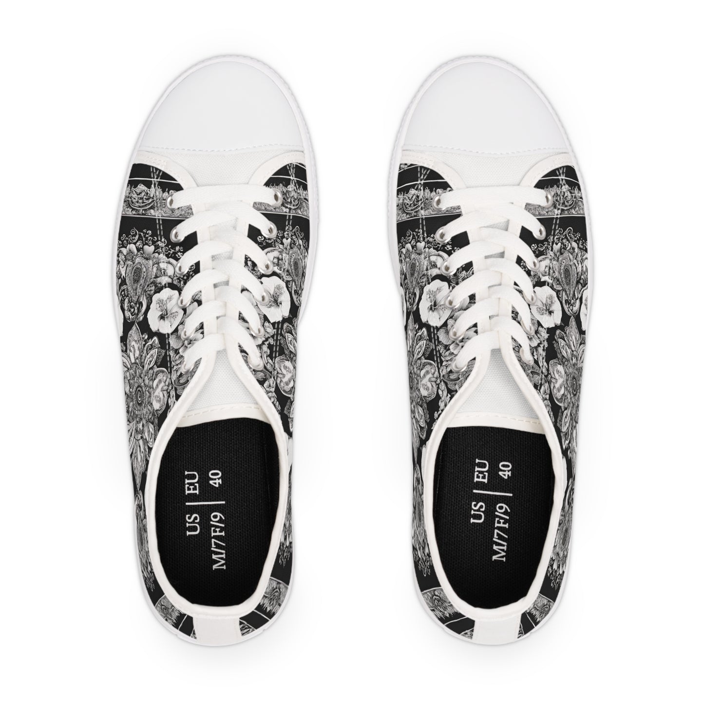 Women's Low Top Paisley Style On A Black And White Canvas Sneakers