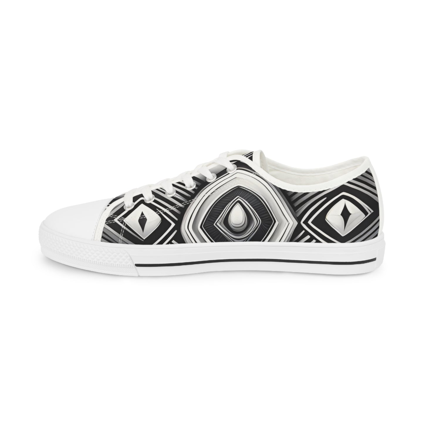 Black & White Geometric Low Top Sneakers — Men's Patterned Canvas Shoes