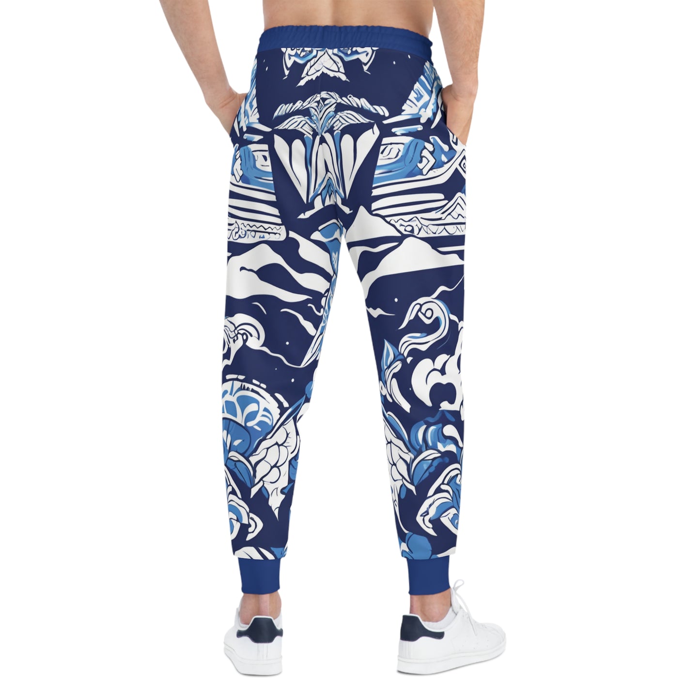 Blue And White Pattern With A Mountain In The Background Joggers