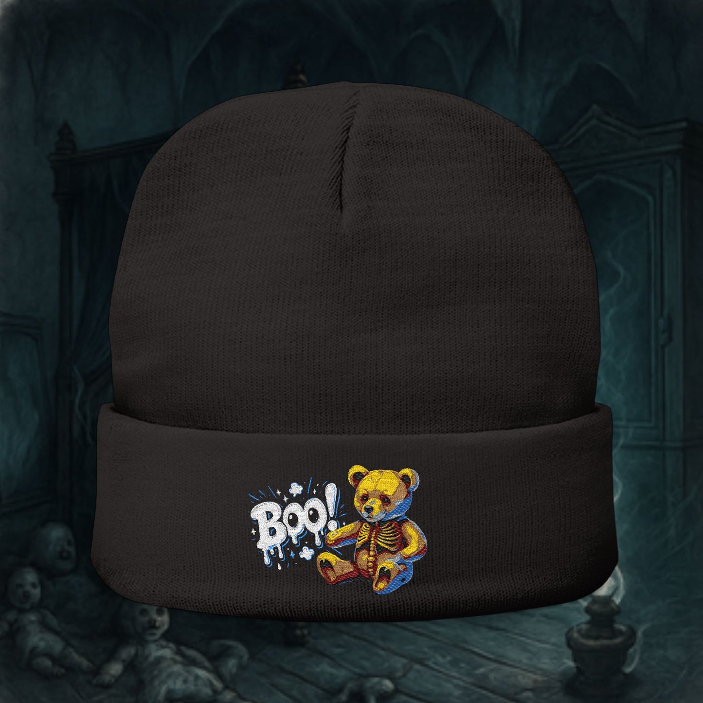 Cute And Spooky Embroidered Teddy Bear Knit Beanie, Halloween Gift, Cozy Winter Hat, Cute Accessories, Holiday Wear