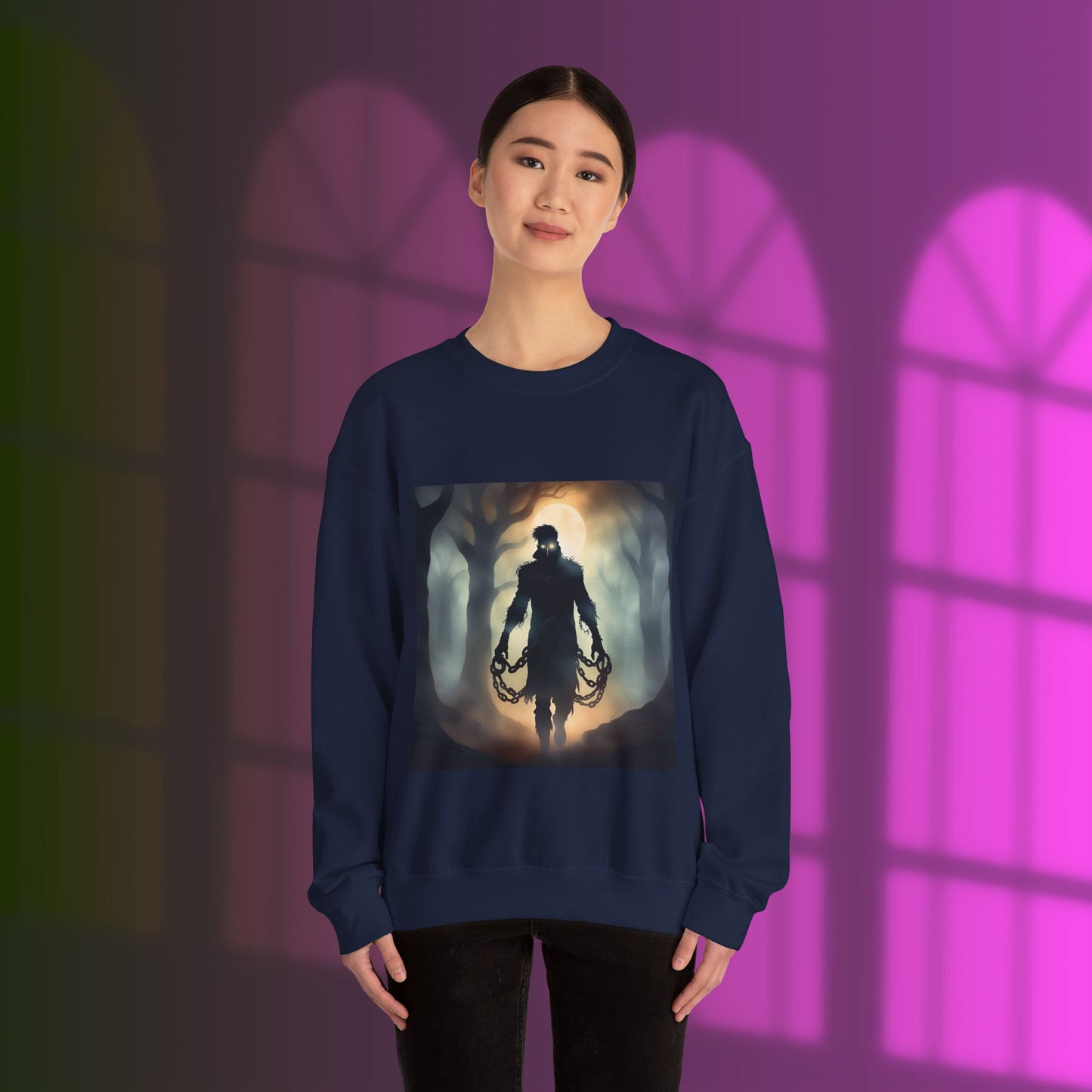 Eerie Night Long Sleeve Shirt with Spooky Design, Unisex Sweatshirt for Halloween, Gift for Horror Lovers, Cozy Crewneck for Fall, Unique Graphic Sweatshirt