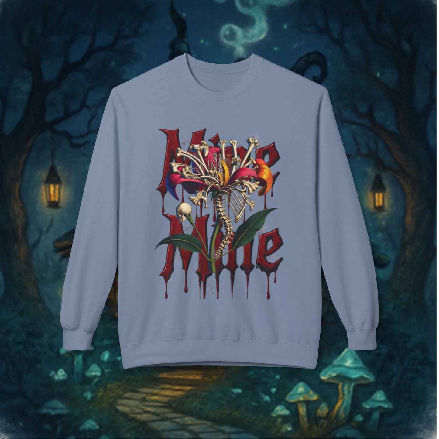 My Heart Is A Flower Covered In Bloody Bones, Vibrant Graphic Fleece Sweatshirt, Unisex Crewneck Sweatshirt, Casual Wear, Gift for Him/Her, Streetwear Style, Art-Inspired Apparel