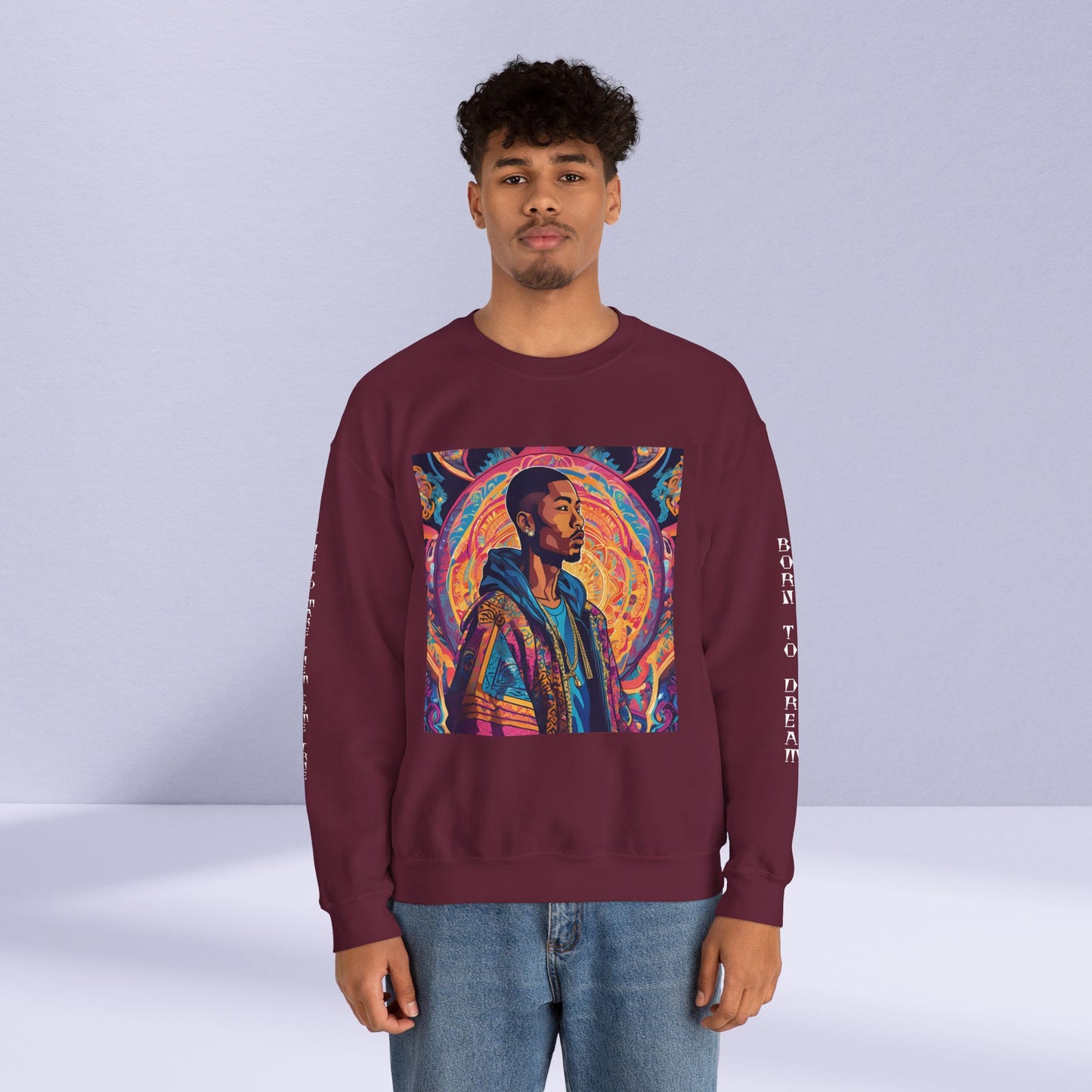 Tribe Of Dreams Standing In Front Of An Ornate Patterned Background Crewneck Sweatshirt