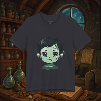 Cute Frankenstein Graphic Tee for Kids, Fun Halloween Shirt, Unisex Comic Style T-Shirt, Perfect for Parties, Costume Events