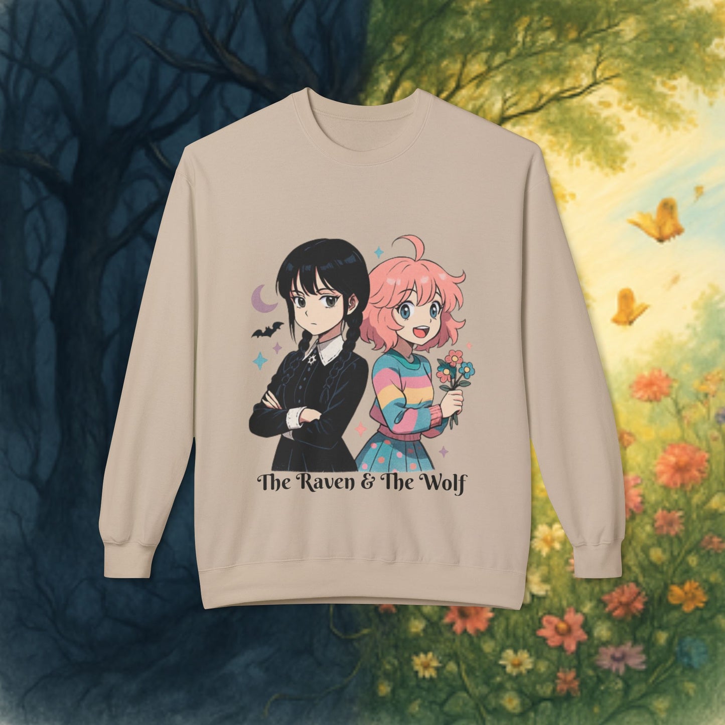 Wednesday & Enid Cartoon Crewneck Sweatshirt: The Raven & The Wolf Design, Cute Gift, Cozy Casual Wear, Everyday Comfort.