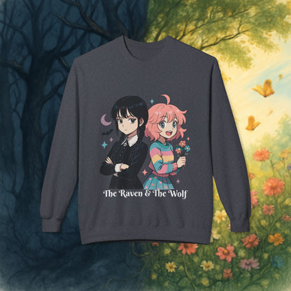 Wednesday & Enid Cartoon Crewneck Sweatshirt: The Raven & The Wolf Design, Cute Gift, Cozy Casual Wear, Everyday Comfort.