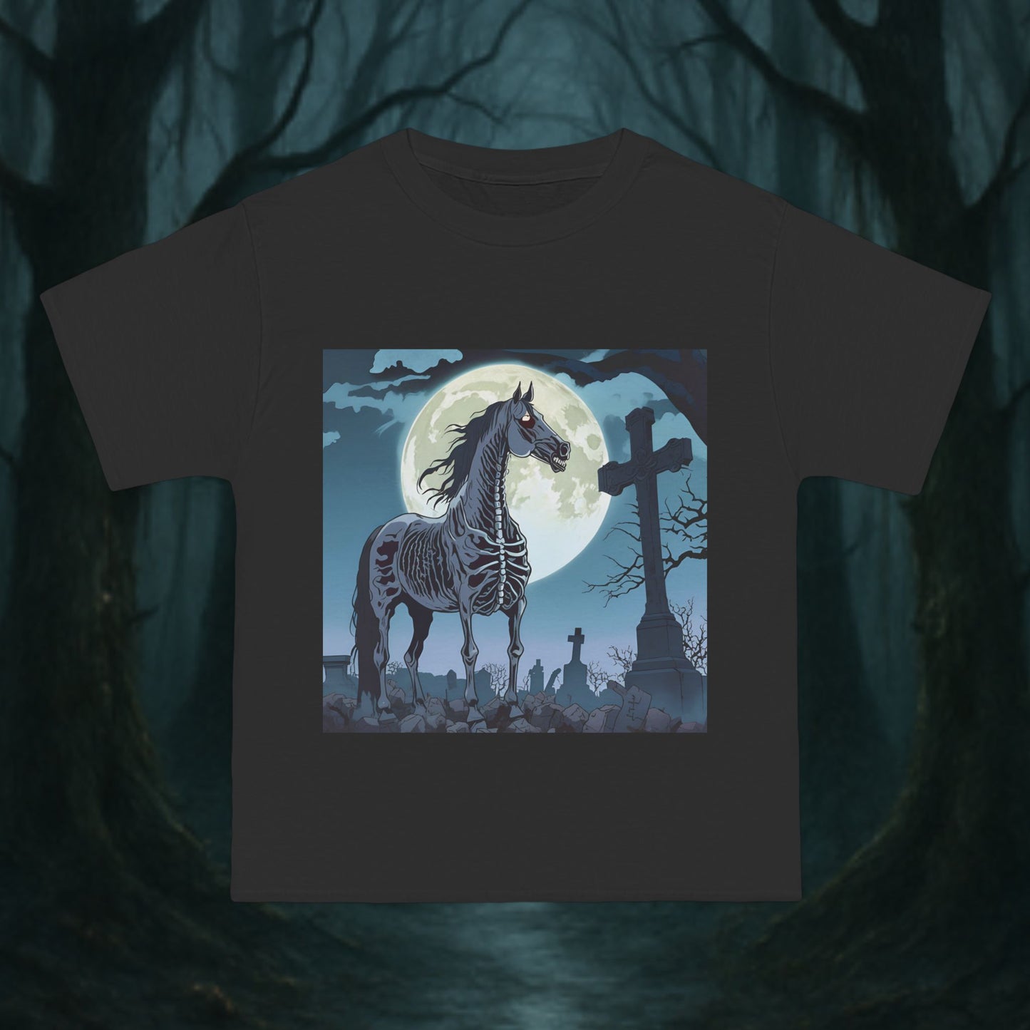 Spooky Skeleton Horse T-Shirt, Halloween Shirt, Horror Tee, Eerie Graphic T-Shirt, Dark Art Apparel, Unique Gift for Horse Lovers