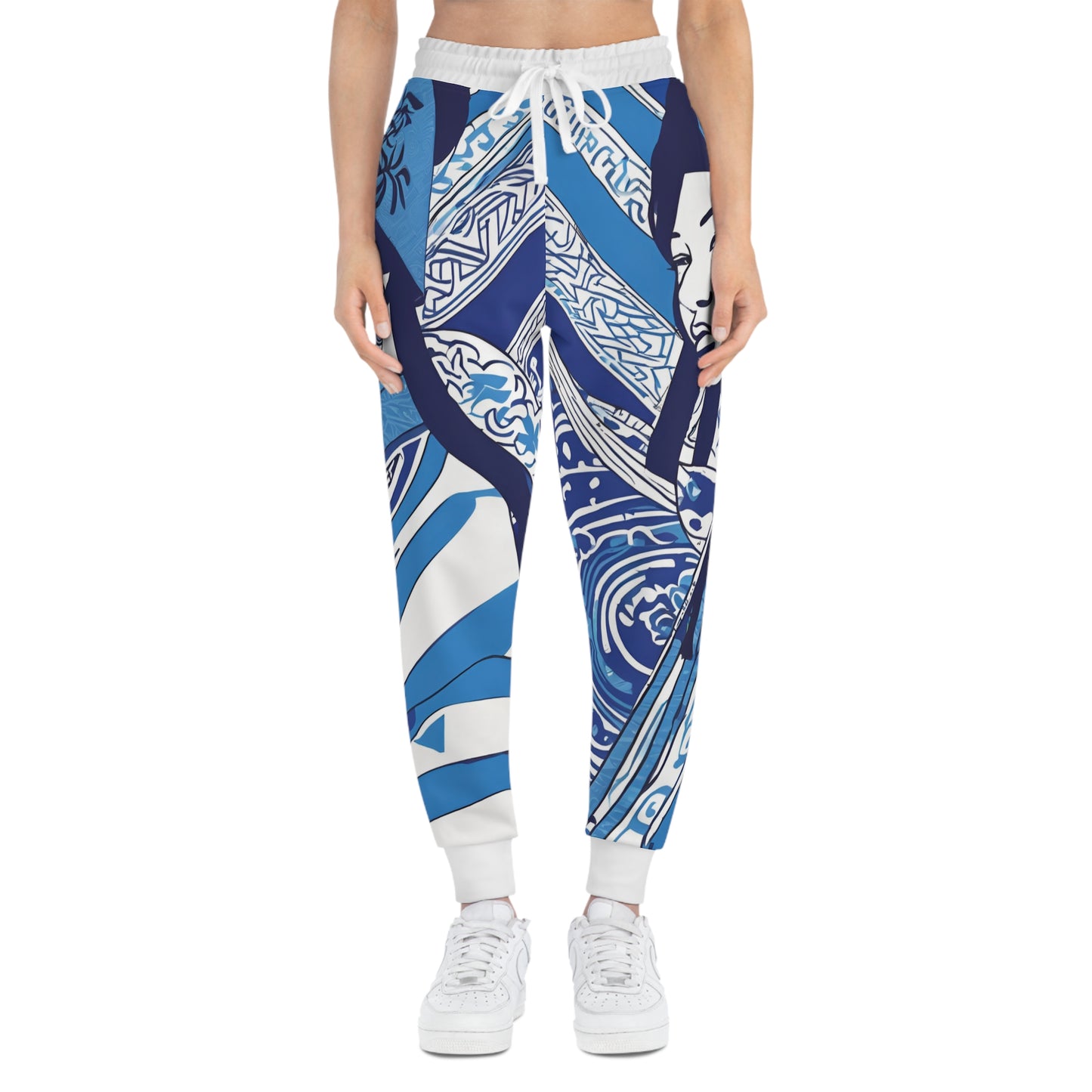 Blue And White Illustration Of A Woman Joggers