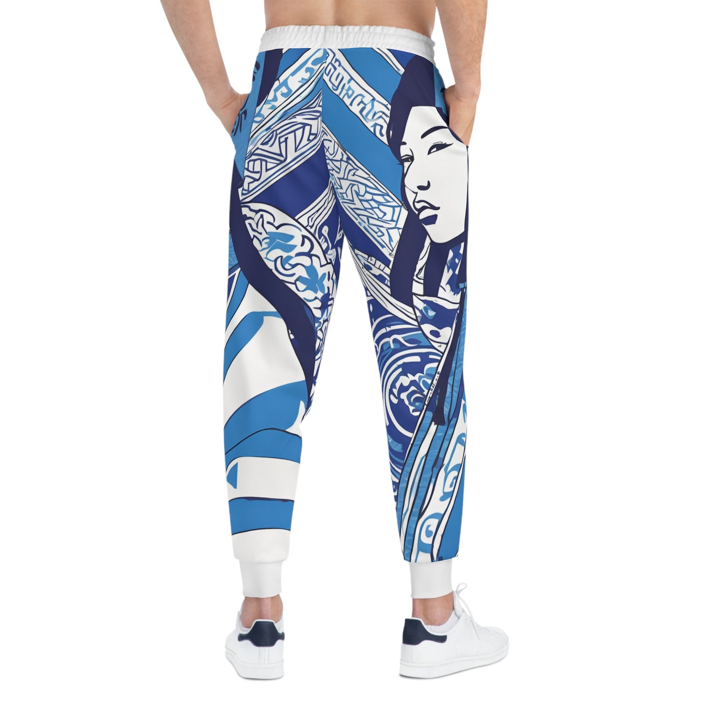 Blue And White Illustration Of A Woman Joggers