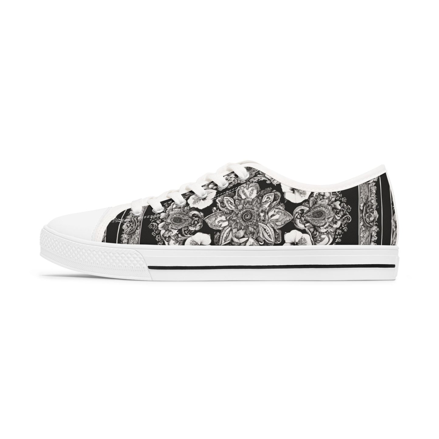 Women's Low Top Paisley Style On A Black And White Canvas Sneakers