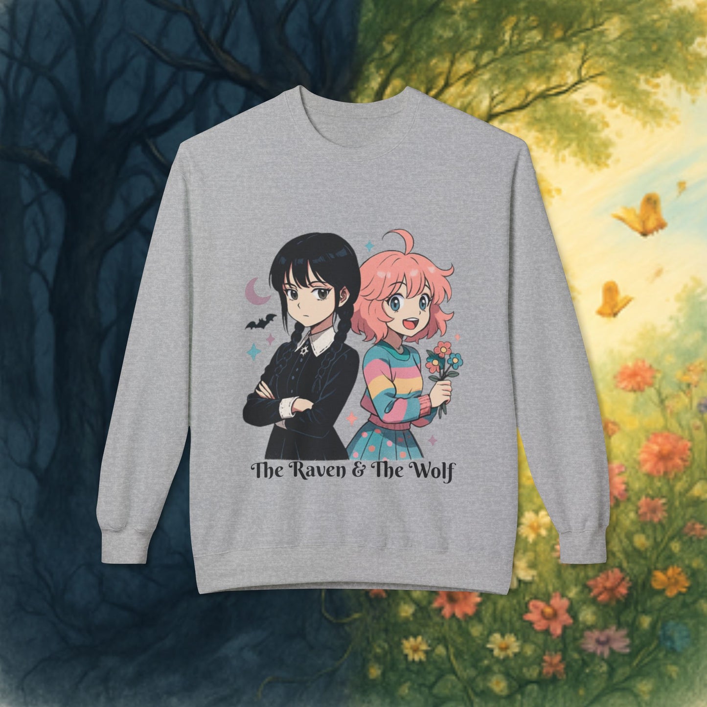 Wednesday & Enid Cartoon Crewneck Sweatshirt: The Raven & The Wolf Design, Cute Gift, Cozy Casual Wear, Everyday Comfort.
