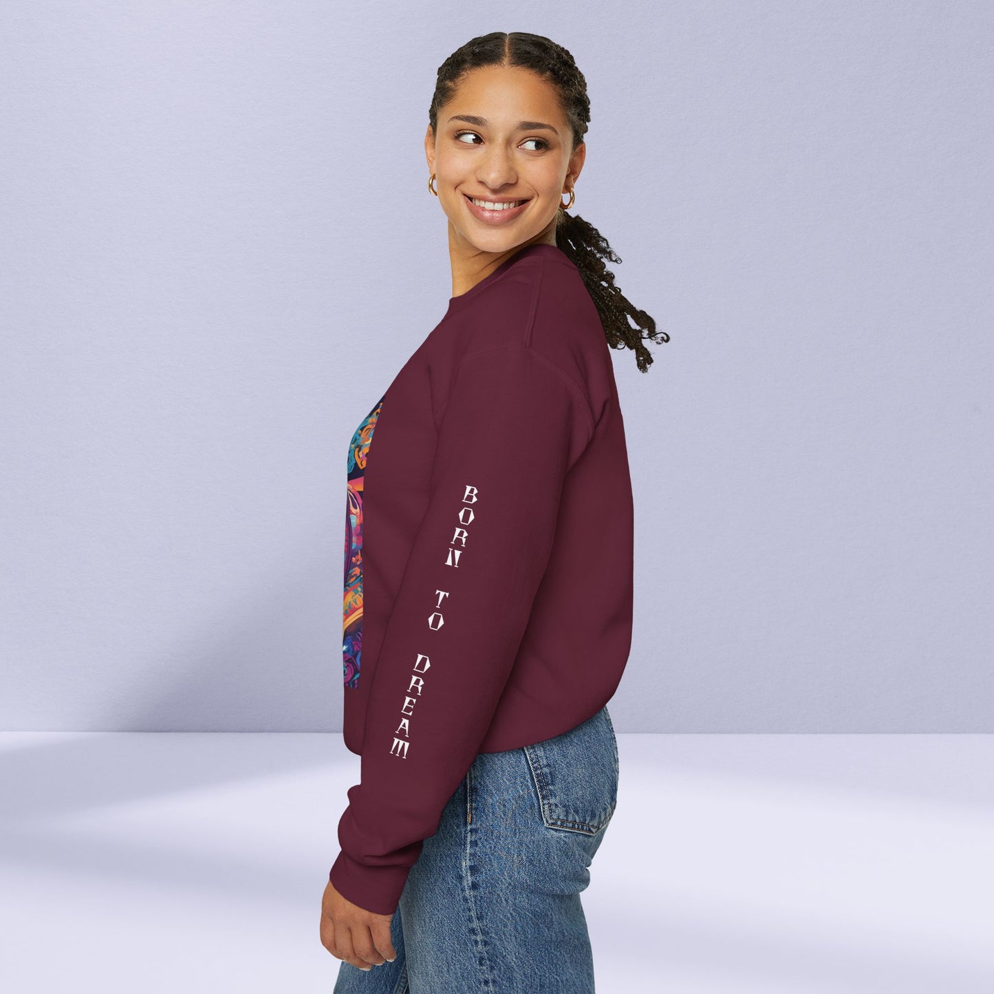 Tribe Of Dreams Standing In Front Of An Ornate Patterned Background Crewneck Sweatshirt