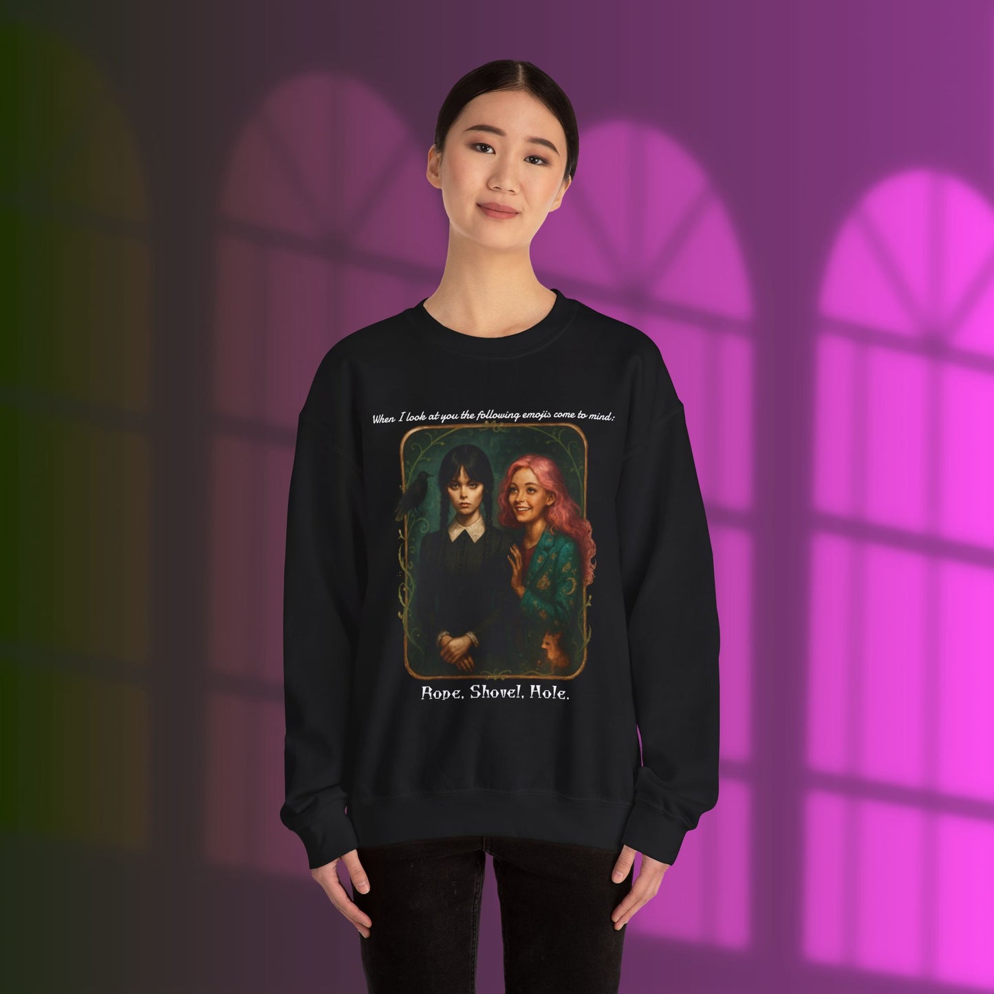 Wednesday and Enid Whimsical Crewneck Sweatshirt - Halloween Goth Lovers Vintage Art Sweattop