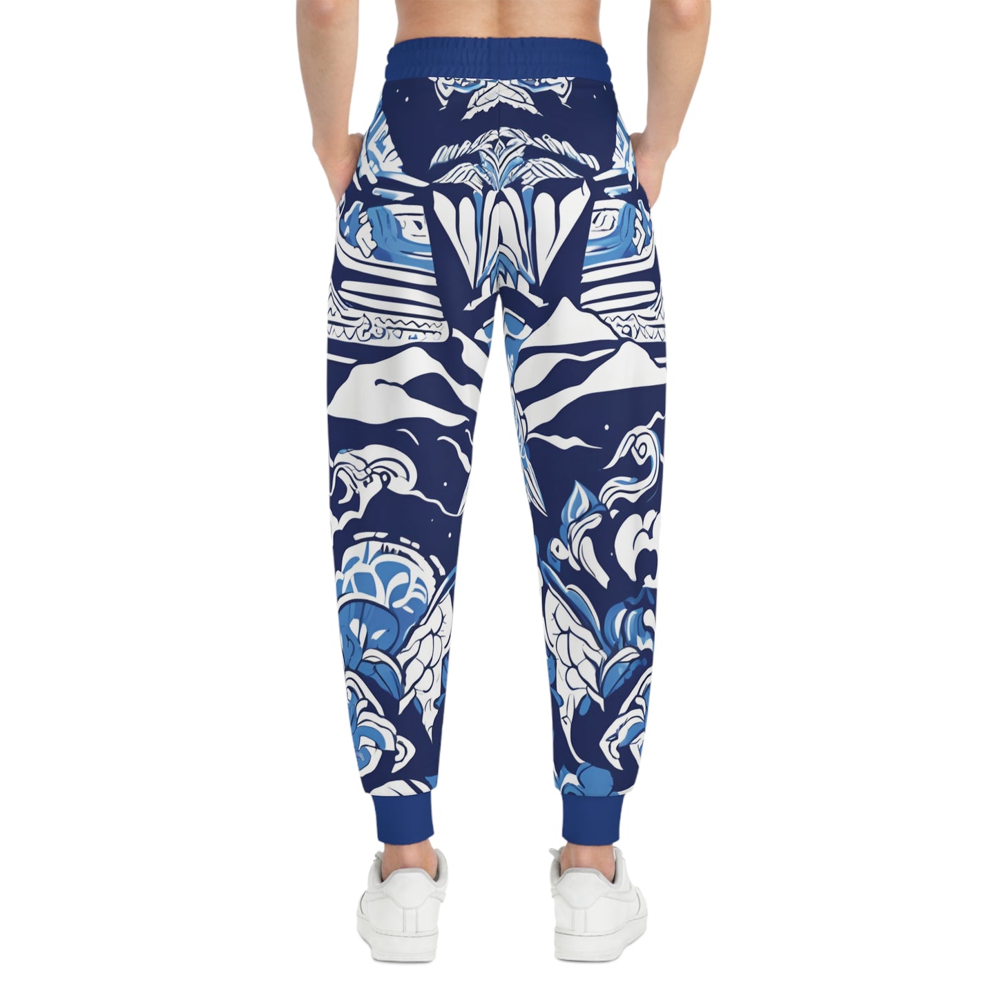 Blue And White Pattern With A Mountain In The Background Joggers