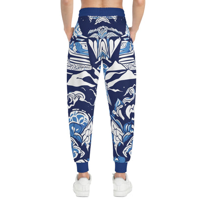 Blue And White Pattern With A Mountain In The Background Joggers