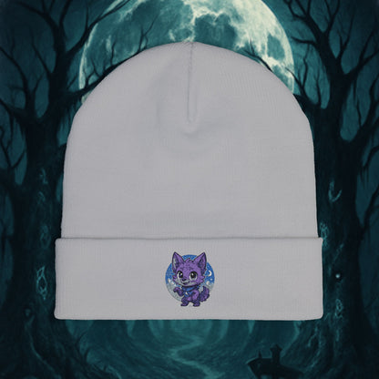 Cute Baby Werewolf Under The Full Moon Embroidered Knit Beanie, Winter Headwear, Cozy Accessories, Unique Halloween Fashion.