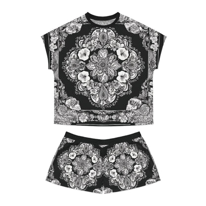 Women's Paisley Style Black And White Canvas Short Pajama Set