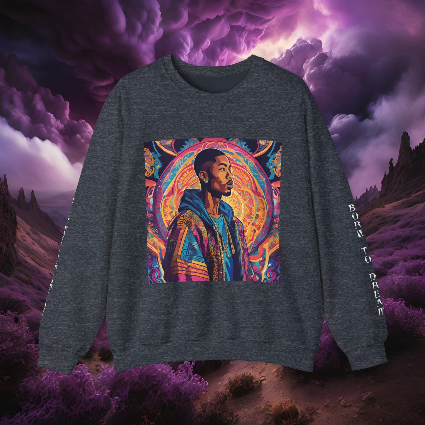 Tribe Of Dreams Standing In Front Of An Ornate Patterned Background Crewneck Sweatshirt