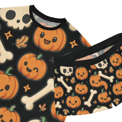 Cute Bones and Pumpkin Halloween Women's Pajama Set, Cozy Sleepwear, Pumpkin Print Pajamas, Perfect for Fall, Spooky Season, Gift for Her