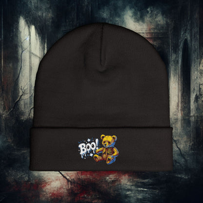 Cute And Spooky Embroidered Teddy Bear Knit Beanie, Halloween Gift, Cozy Winter Hat, Cute Accessories, Holiday Wear