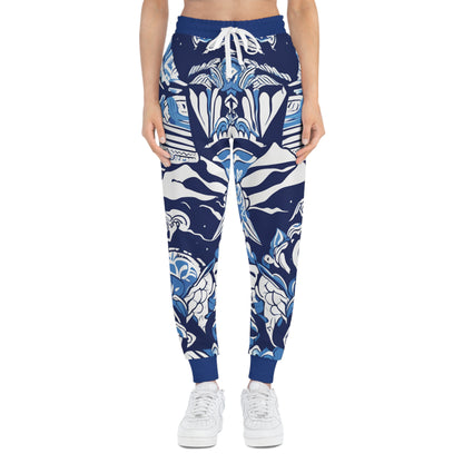 Blue And White Pattern With A Mountain In The Background Joggers