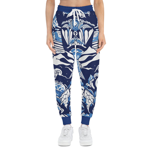 Blue And White Pattern With A Mountain In The Background Joggers