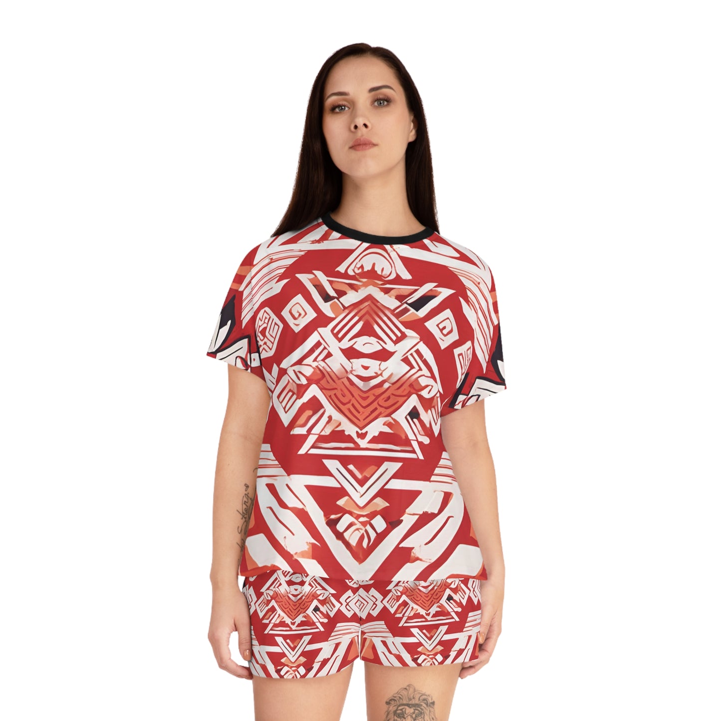 Women's Red, White And Black Geometric Pattern On A Red Background Short Pajama Set