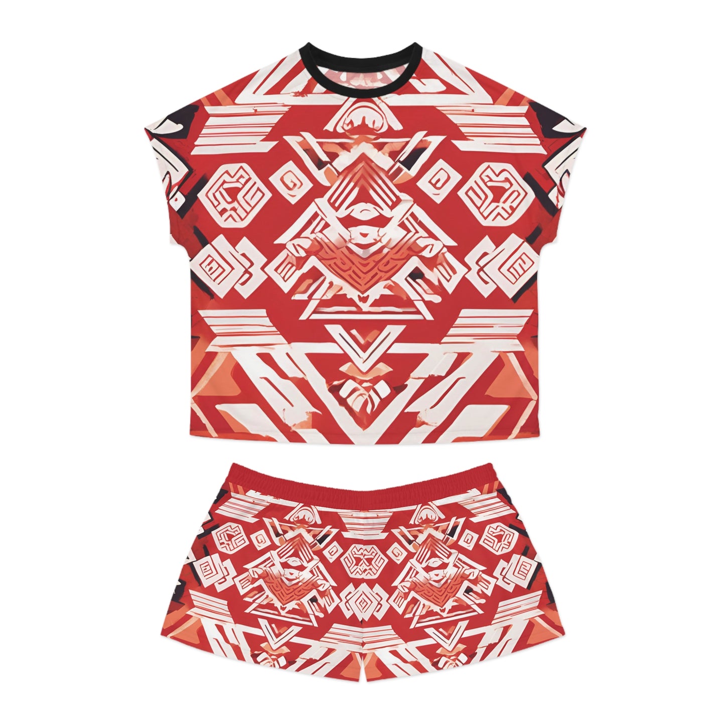 Women's Red, White And Black Geometric Pattern On A Red Background Short Pajama Set