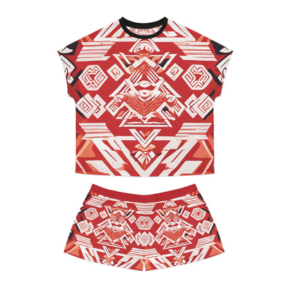 Women's Red, White And Black Geometric Pattern On A Red Background Short Pajama Set