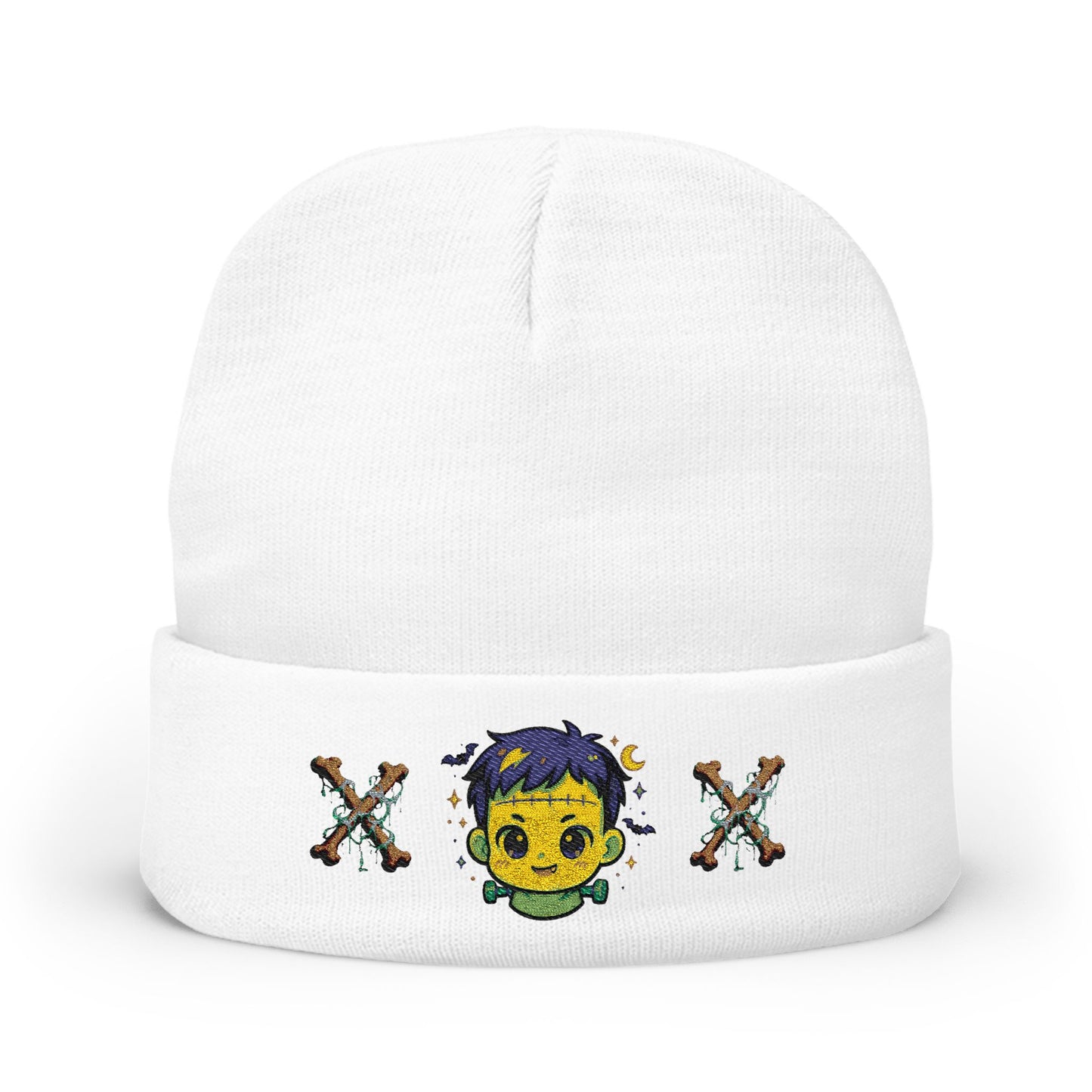 Beanie Hat - Cute Frankenstein with X Bone Design Embroidered Design