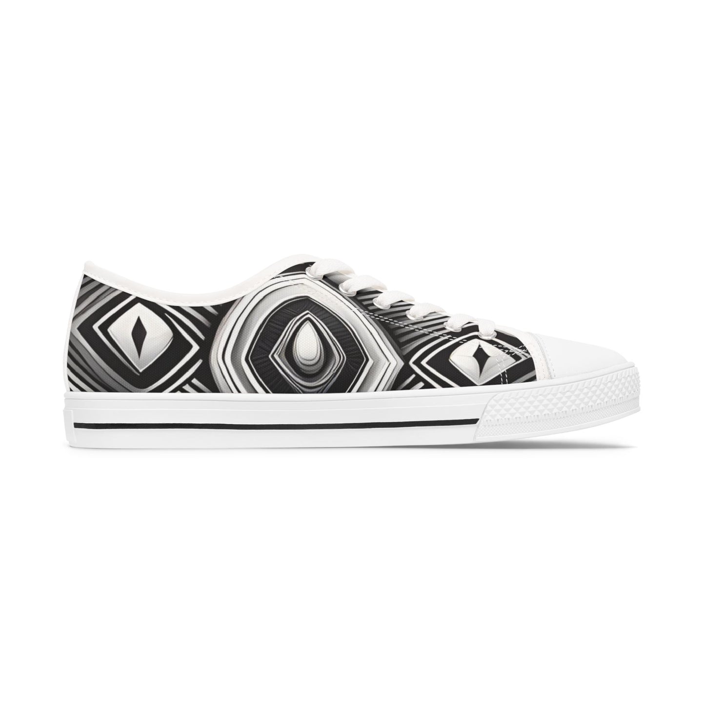 Black & White Geometric Low Top Sneakers — Women's Patterned Canvas Shoes