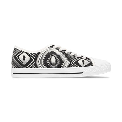 Black & White Geometric Low Top Sneakers — Women's Patterned Canvas Shoes