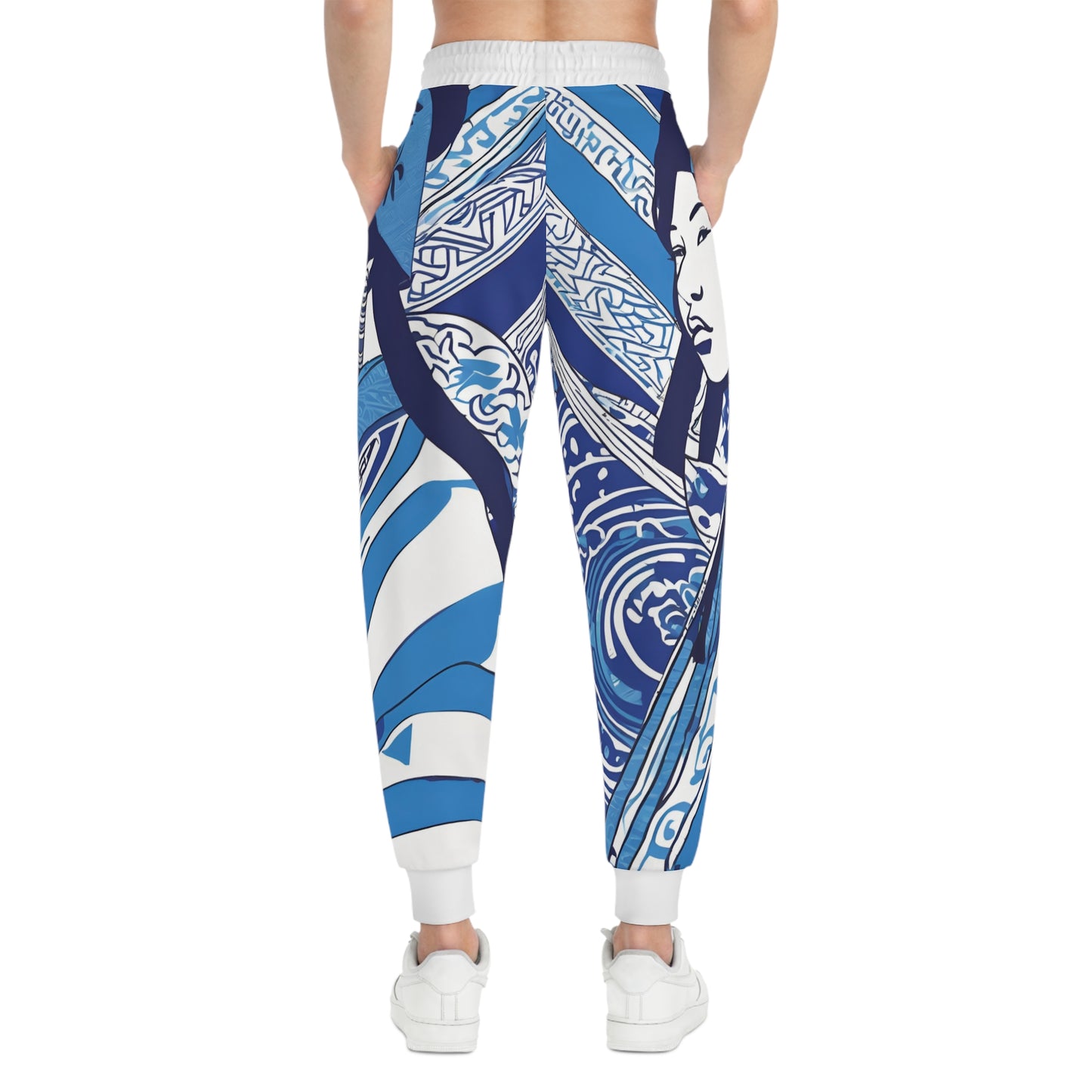 Blue And White Illustration Of A Woman Joggers