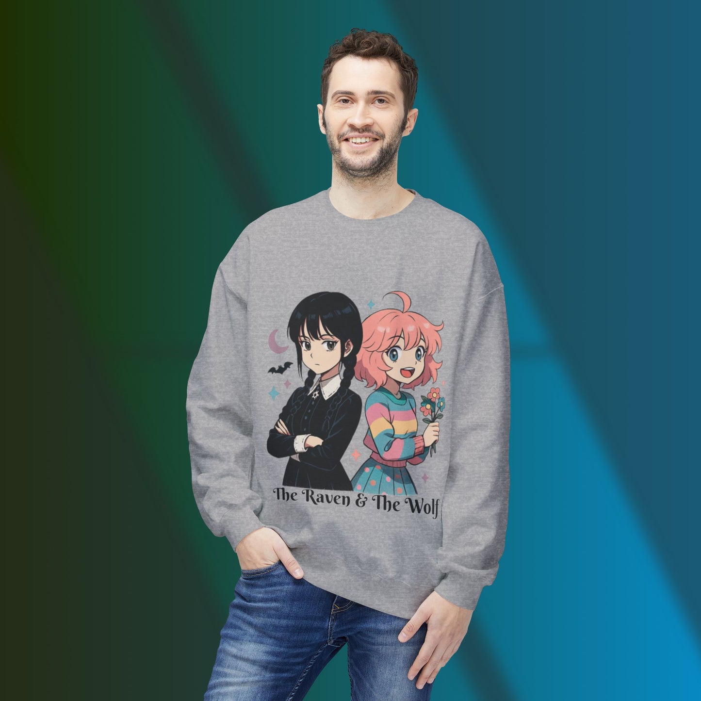 Wednesday & Enid Cartoon Crewneck Sweatshirt: The Raven & The Wolf Design, Cute Gift, Cozy Casual Wear, Everyday Comfort.