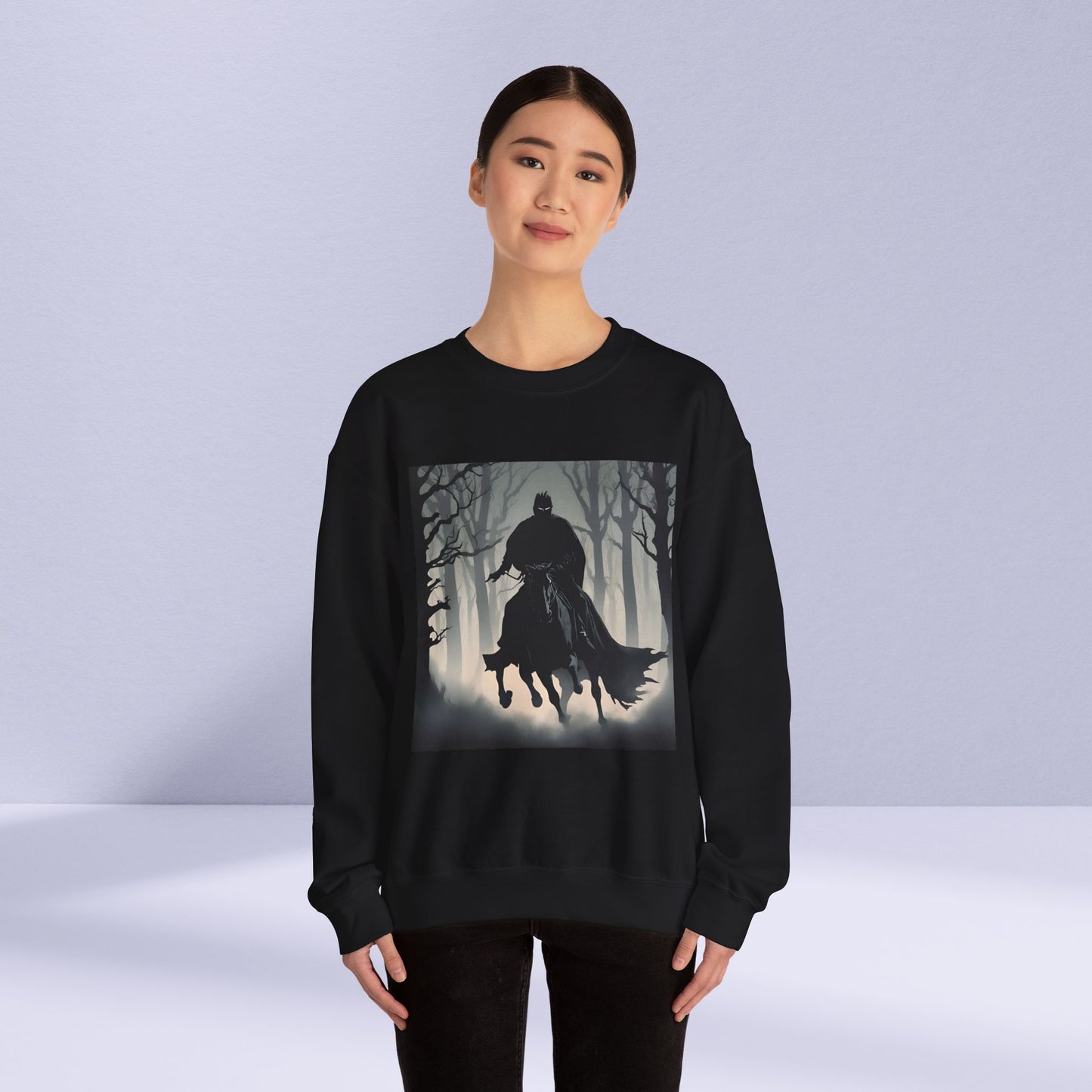 Mystical Forest Rider Sweatshirt | Unisex Heavy Blend Crewneck | Perfect for Halloween, Cozy Style, Gift for Nature Lovers, Eerie Nightwear, [...]