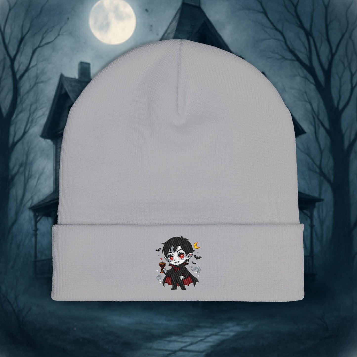 Cute & Classy Vampire Embroidered Knit Beanie for Halloween Lovers, Cozy Winter Hat, Spooky Gifts, Cartoon Design, Vampire Character Beanie