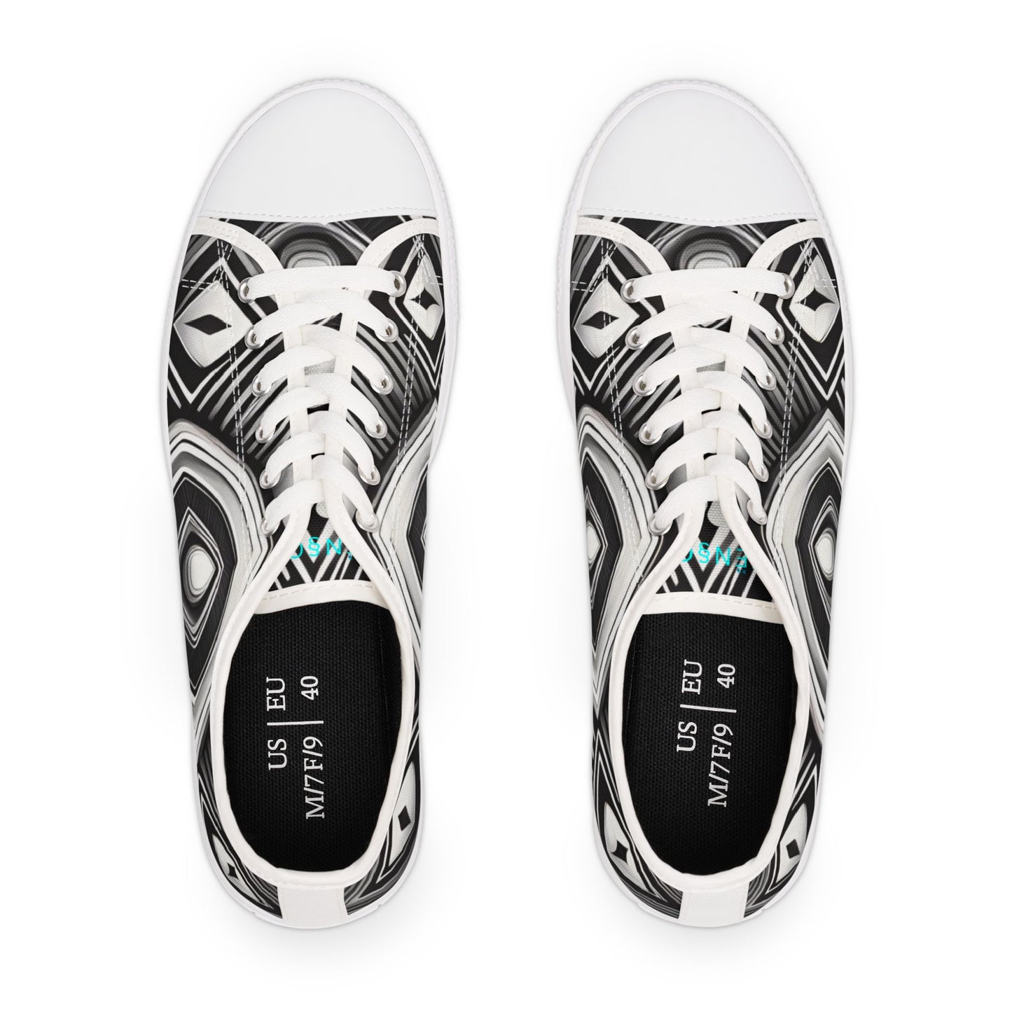 Black & White Geometric Low Top Sneakers — Women's Patterned Canvas Shoes