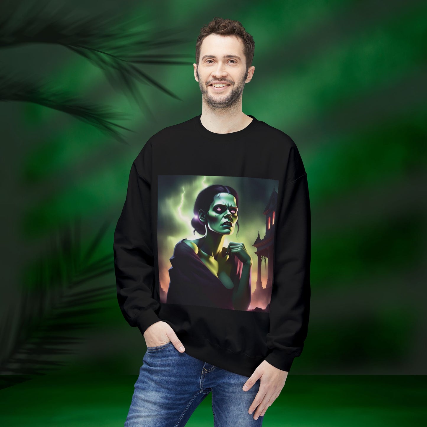 Gothic Broken Art Female Frankenstein Sweatshirt, Cozy Halloween Crewneck, Unisex Graphic Fleece, Witchy Apparel, Spooky Aesthetic, Gift for Horror Lovers