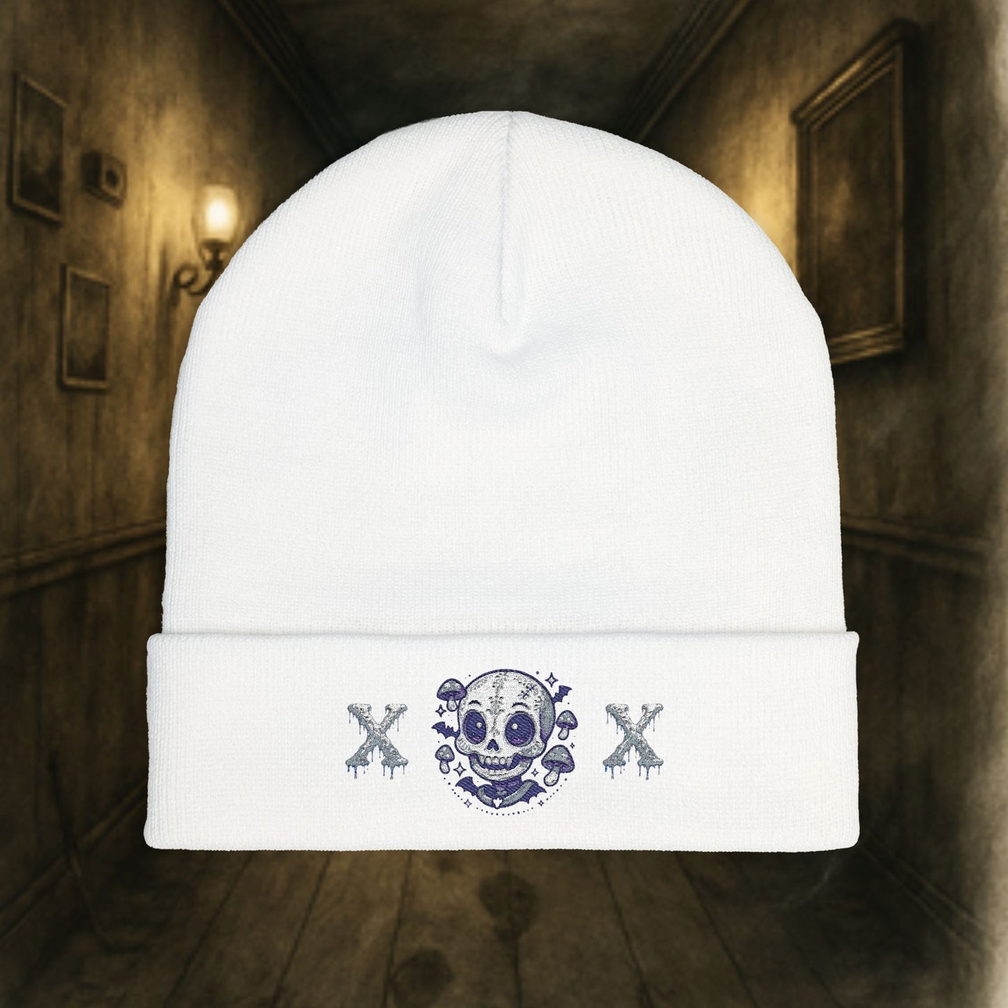 Embroidered Cute Spooky Skull Halloween Knit Beanie