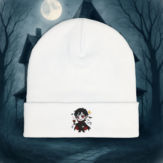 Cute & Classy Vampire Embroidered Knit Beanie for Halloween Lovers, Cozy Winter Hat, Spooky Gifts, Cartoon Design, Vampire Character Beanie