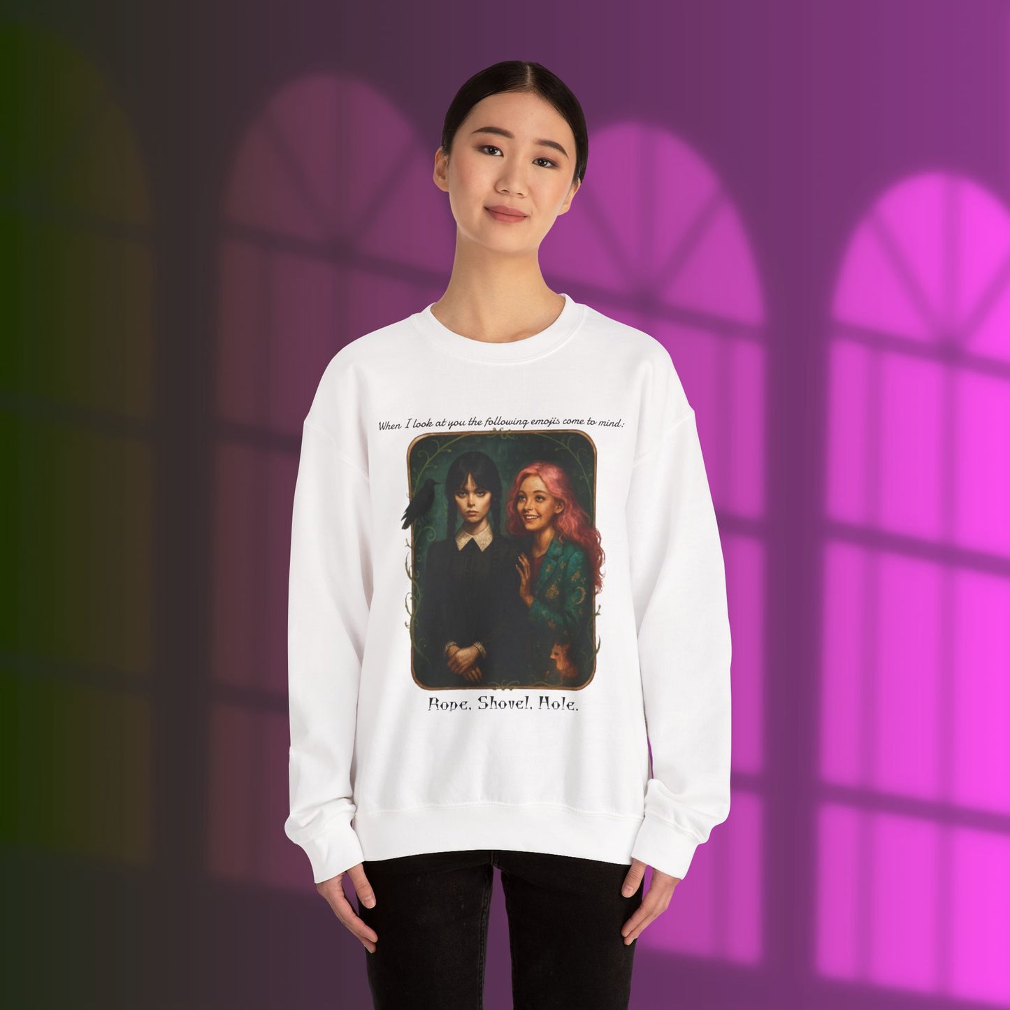 Wednesday and Enid Whimsical Crewneck Sweatshirt - Halloween Goth Lovers Vintage Art Sweattop