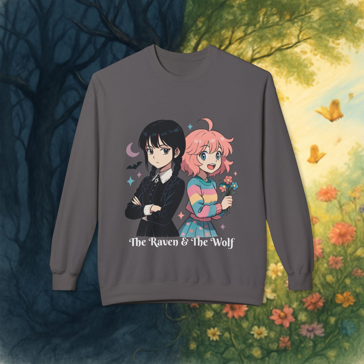 Wednesday & Enid Cartoon Crewneck Sweatshirt: The Raven & The Wolf Design, Cute Gift, Cozy Casual Wear, Everyday Comfort.