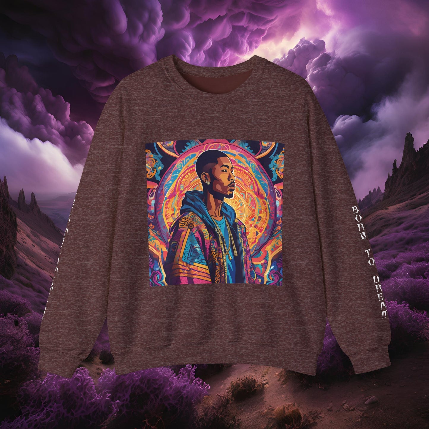 Tribe Of Dreams Standing In Front Of An Ornate Patterned Background Crewneck Sweatshirt