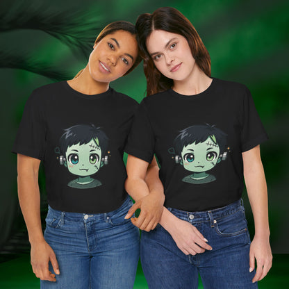 Cute Frankenstein Graphic Tee for Kids, Fun Halloween Shirt, Unisex Comic Style T-Shirt, Perfect for Parties, Costume Events