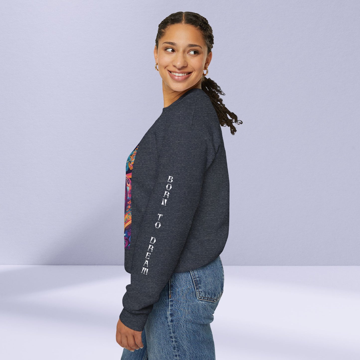 Tribe Of Dreams Standing In Front Of An Ornate Patterned Background Crewneck Sweatshirt