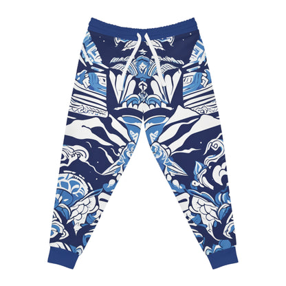 Blue And White Pattern With A Mountain In The Background Joggers