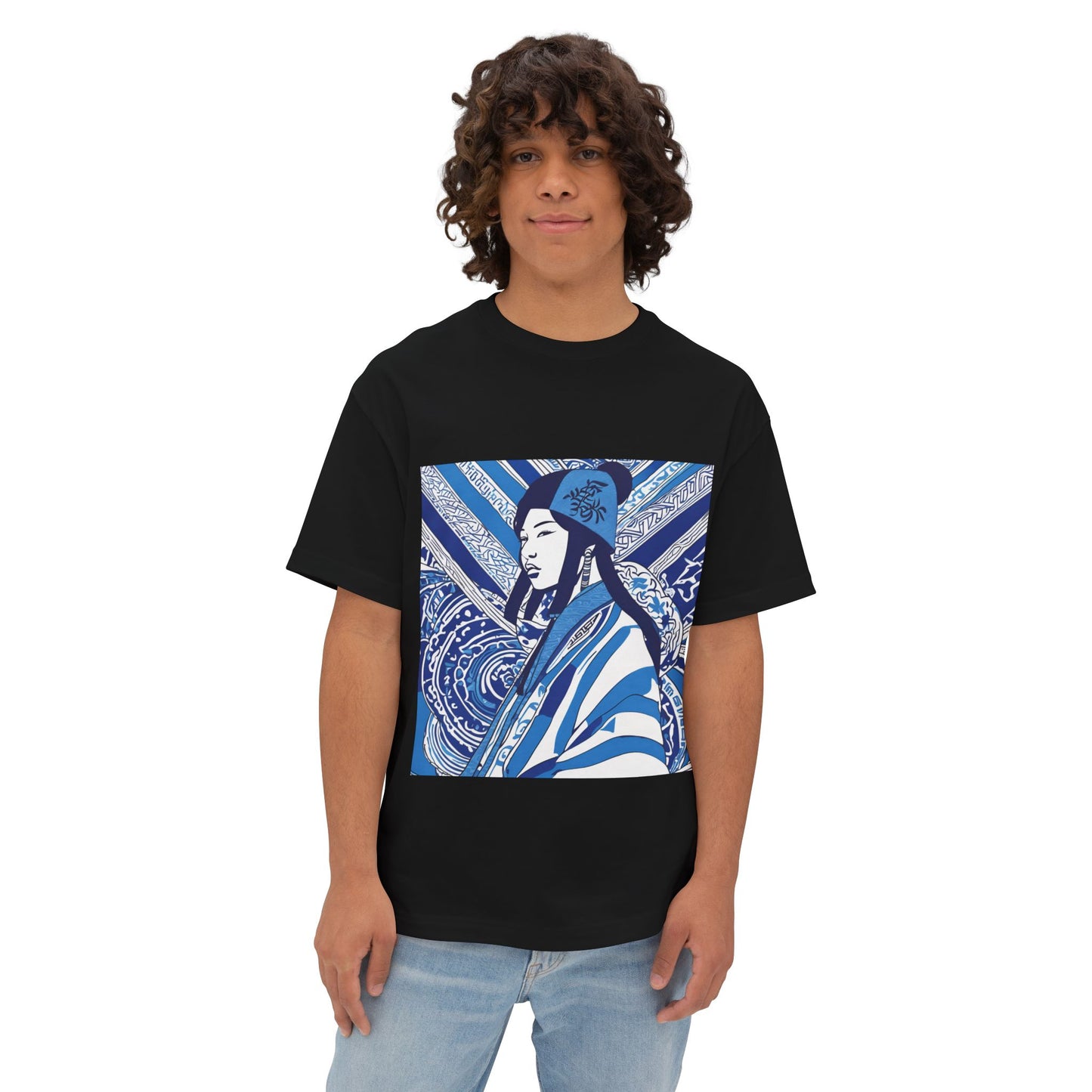 Blue And White Illustration Of A Woman Oversized Boxy Tee