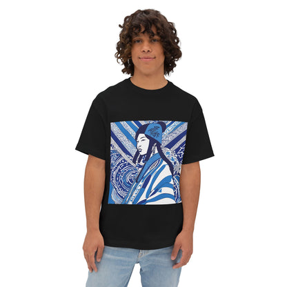 Blue And White Illustration Of A Woman Oversized Boxy Tee