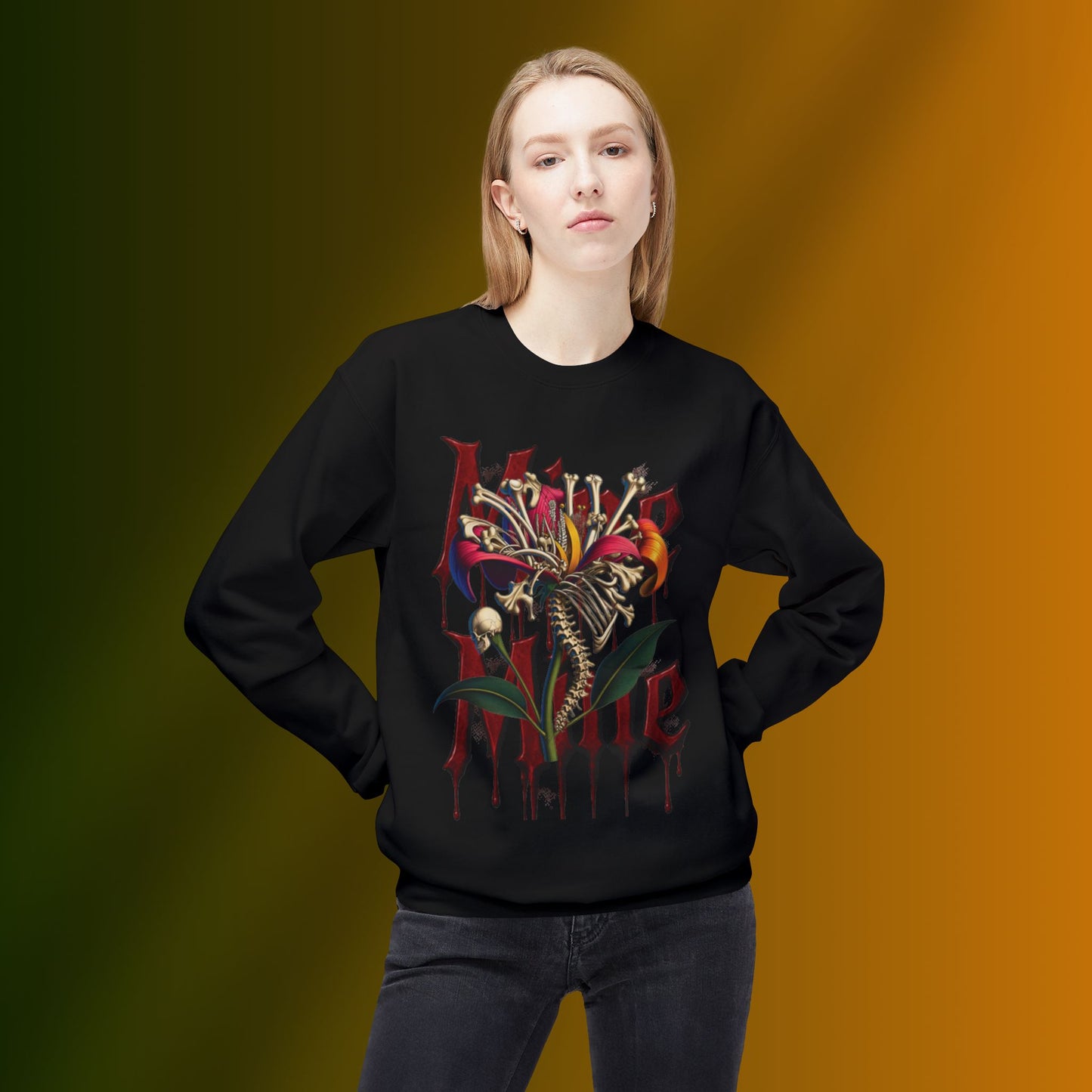 My Heart Is A Flower Covered In Bloody Bones, Vibrant Graphic Fleece Sweatshirt, Unisex Crewneck Sweatshirt, Casual Wear, Gift for Him/Her, Streetwear Style, Art-Inspired Apparel