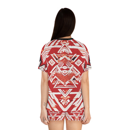 Women's Red, White And Black Geometric Pattern On A Red Background Short Pajama Set